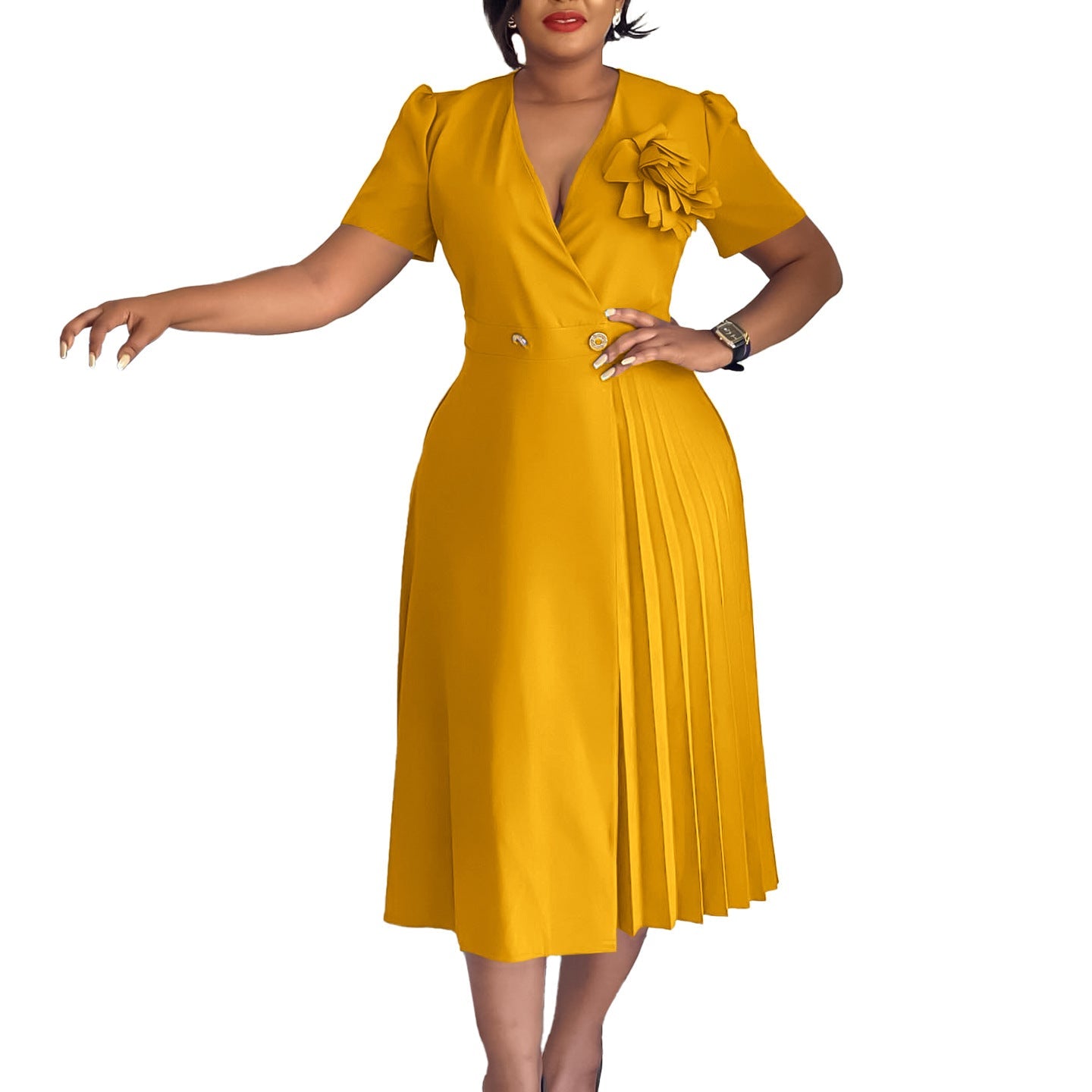 Women Clothing Summer V neck Short Sleeve Solid Color Three Dimensional Floral Pleated African Dress