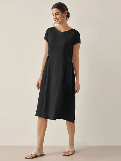 100% Linen Natural Summer V-Neck Dress ALEXA