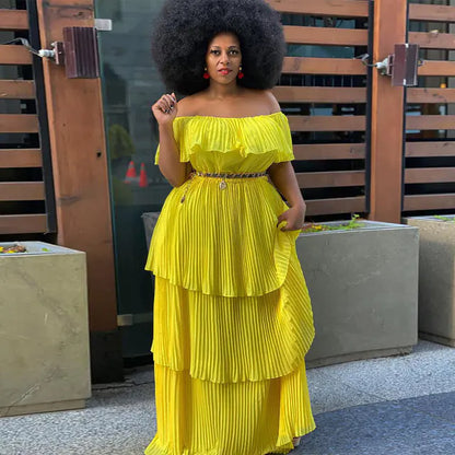 Plus Size Solid Color Off Shoulder Tiered Dress