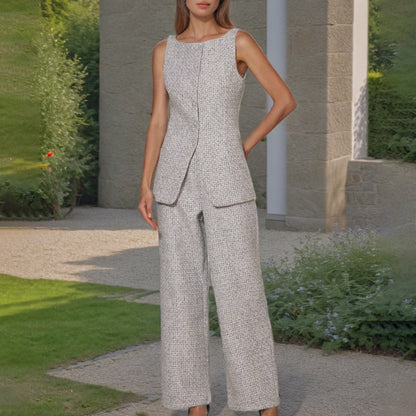 Office Business Office Two Piece Sets Spring Sleeveless Solid Color Top High Waist Wide Leg Pants Women