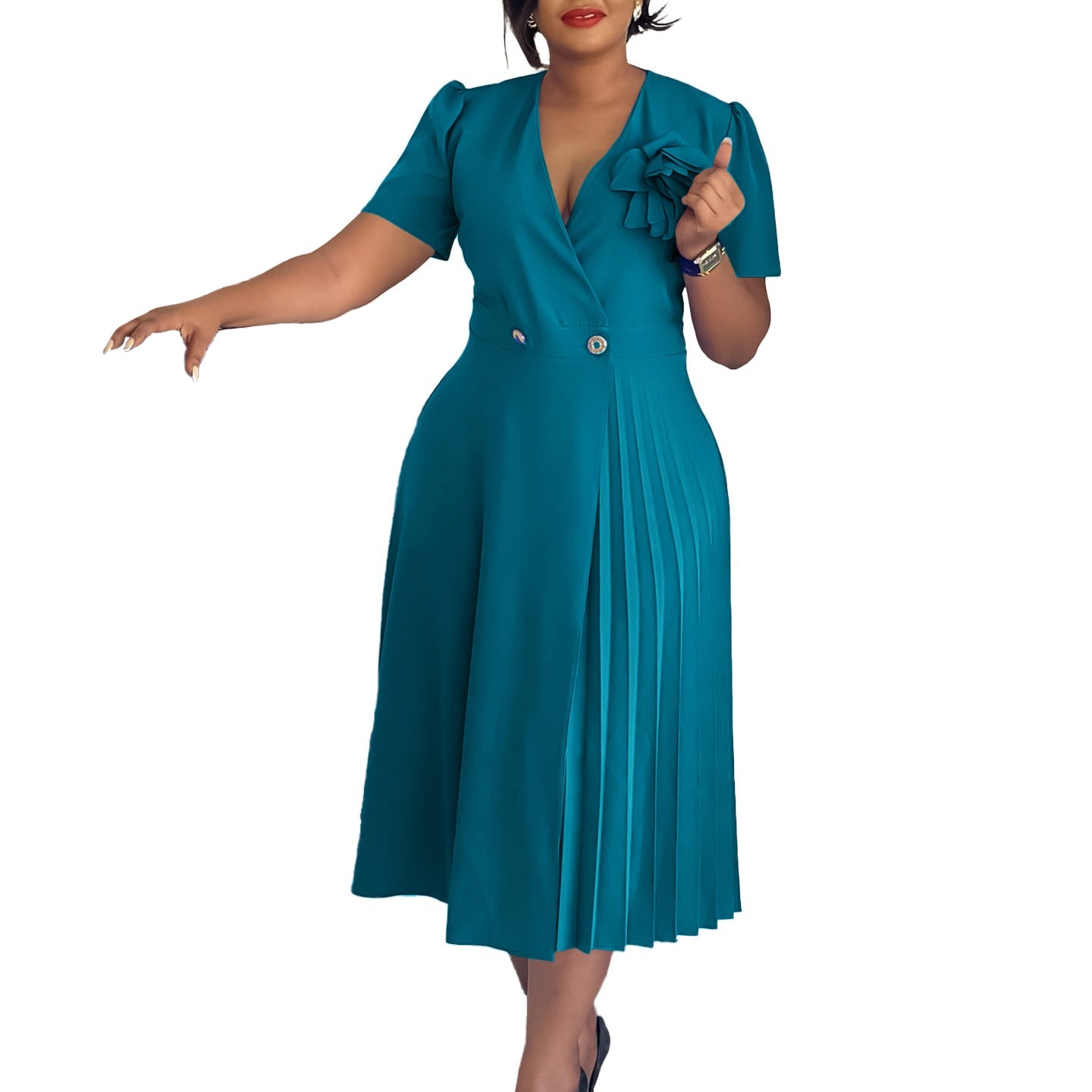 Women Clothing Summer V neck Short Sleeve Solid Color Three Dimensional Floral Pleated African Dress