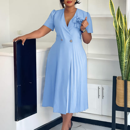 Women Clothing Summer V neck Short Sleeve Solid Color Three Dimensional Floral Pleated African Dress