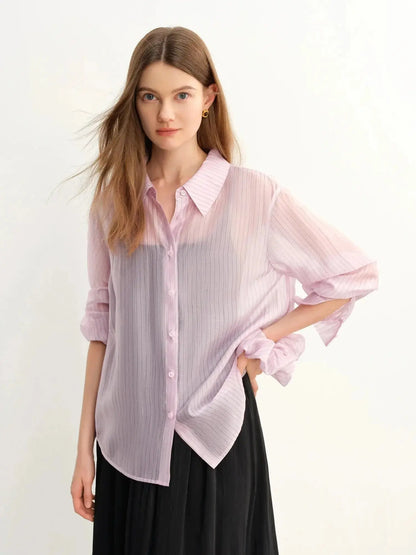 Plus Size Striped Sheer Long-Sleeve Blouse