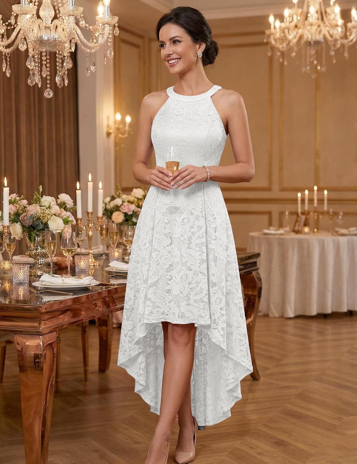 Women'S Halter Floral Lace Cocktail Party Dress Hi-Lo Bridesmaid Dress