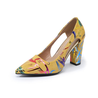 Women's Floral Print Chunky Heel High Heels – Pointed Toe, Low-Cut, Plus Size